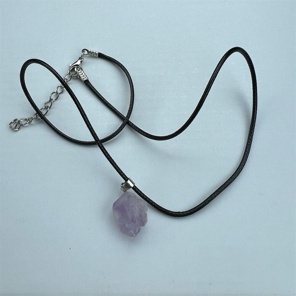 Amethyst Raw Stone Pendant Necklace Purple with Black Cord Adjustable